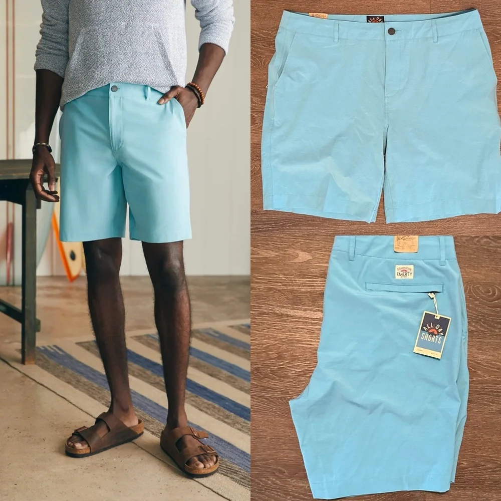 Men’s FAHERTY All Day Shorts turquoise sky blue 9 inch inseam size 38